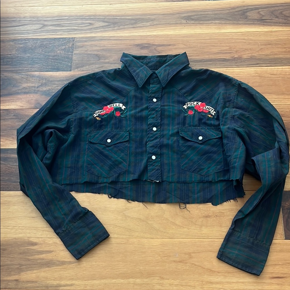 Reworked Vintage Cropped Plaid Button-Front Women's Top with Rose Embroidery